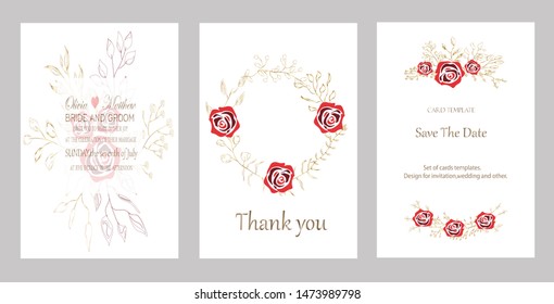 Vector cards with roses,leaves. Botanic Design for banner, wedding, poster, invitation, cover, placard, brochure, header.