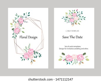 Vector cards with roses,leaves and geometric. Botanic Design for banner, wedding, poster, invitation, cover, placard, brochure, header.