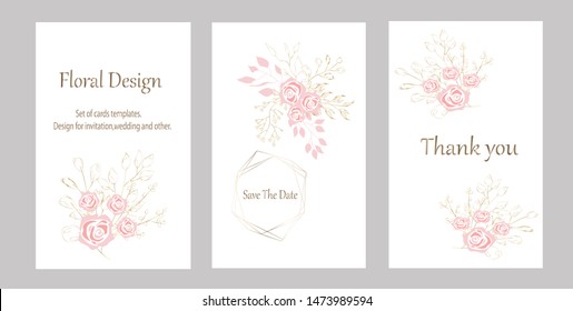 Vector cards with roses,leaves and geometric. Botanic Design for banner, wedding, poster, invitation, cover, placard, brochure, header.