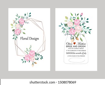Vector cards with roses,leaves and geometric. Botanic Design for banner, wedding, poster, invitation, cover, placard, brochure, header.