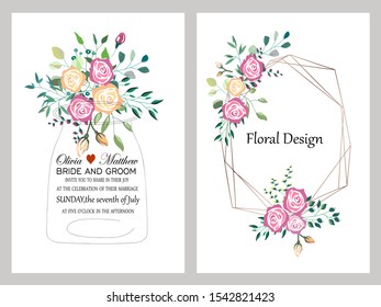 Vector cards with roses,leaves and geometric. Botanic Design for banner, wedding, poster, invitation, cover, placard, brochure, header.