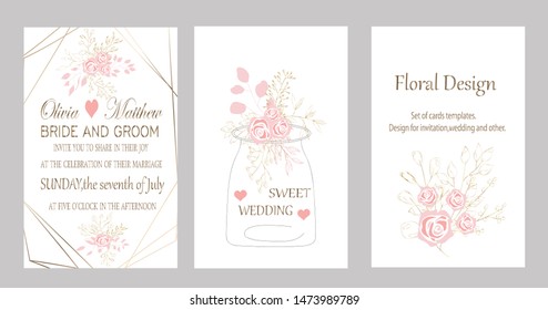 Vector cards with roses,leaves and geometric.Botanic Design for banner, wedding, poster, invitation, cover, placard, brochure, header.