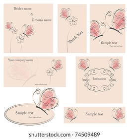Vector cards set  with flowers and pink butterflies