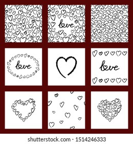 Vector card's set of hand drawn hearts. Design elements for Valentine's day. Vector layout decorative greeting card or invitation design.