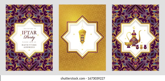 Vector cards set Iftar Party celebration, invitation. Arabic decoration, lantern, coffee mug for Iftar invitation. Card for Muslim feast of the holy of Ramadan month. Ramadan Kareem. Eastern style