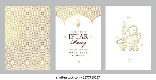 Vector cards set Iftar Party celebration. Arabic decoration, lantern, coffee mug for Iftar invitation. Card for Muslim feast of the holy of Ramadan month. Ramadan Kareem. Eastern style