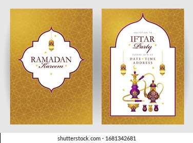 Vector cards set Iftar Party celebration, invite. Arabic decoration, lantern, coffee mug for Iftar invitation. Card for Muslim feast of the holy of Ramadan month. Ramadan Kareem. Eastern style