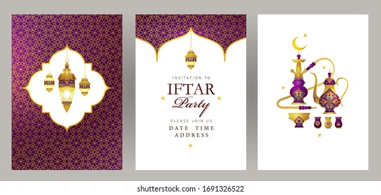 Vector cards set Iftar Party celebration, invite. Arabic decoration, hookah, lantern, coffee pot for Iftar invitation. Card for Muslim feast of the holy of Ramadan month. Ramadan Kareem. Eastern style