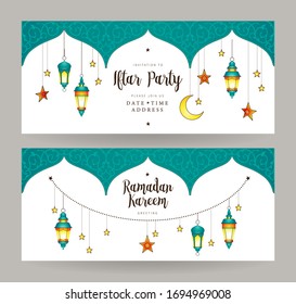 Vector cards set Iftar Party celebration, invite. Arabic decoration, lantern, stars, crescent for Iftar invitation. Card for Muslim feast of the holy of Ramadan month. Ramadan Kareem. Eastern style