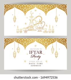 Vector cards set Iftar Party celebration, invite. Arabic decoration, lantern, hookah, coffee pot for Iftar invitation. Card for Muslim feast of the holy of Ramadan month. Ramadan Kareem. Eastern style