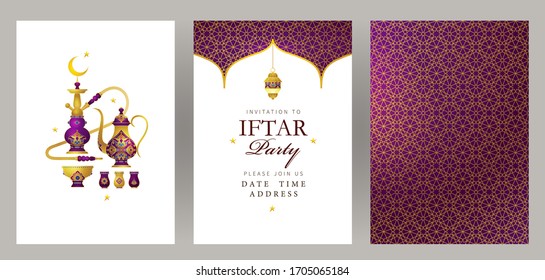 Vector cards set Iftar Party celebration, invite. Arabic decoration, hookah, lantern, coffee pot for Iftar invitation. Card for Muslim feast of the holy of Ramadan month. Ramadan Kareem. Eastern style