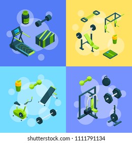Vector cards of set isometric gym objects equipment concept illustration