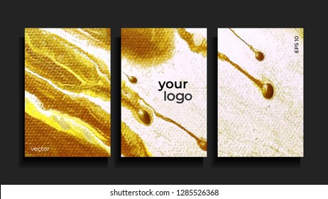 Vector cards. Set of templates cover and sheets. Abstract gold painted background. Fluid colors backgrounds.