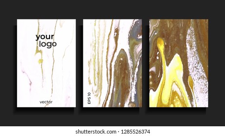 Vector cards. Set of templates cover and sheets. Abstract gold painted background. Fluid colors backgrounds.