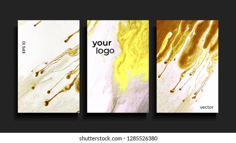 Vector cards. Set of templates cover and sheets. Abstract gold painted background. Fluid colors backgrounds.