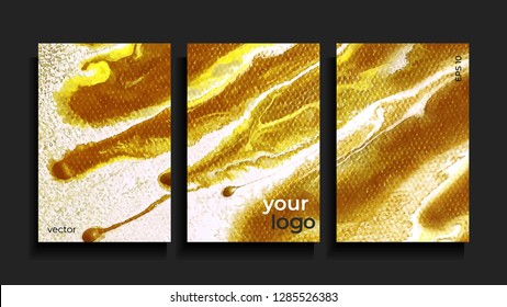 Vector cards. Set of templates cover and sheets. Abstract gold painted background. Fluid colors backgrounds.