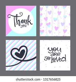 Vector cards set. Thank you, you are so loved lettering. 