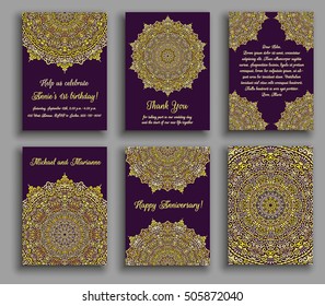Vector cards set. Wedding invitation, birthday greeting, thank you note, anniversary, baby shower flyer template. Gold purple background. Floral mandala. Flower design element. 5 to 7 ratio A5