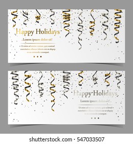 Vector cards with silver, gold, black serpentine, ribbon, dust confetti isolated on white background. Elements for banner, holiday design, logo, web, invitation, business, party. Vector illustration.