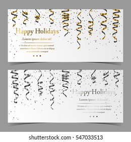 Vector cards with silver, gold, black serpentine, ribbon, dust confetti isolated on white background. Elements for banner, holiday design, logo, web, invitation, business, party. Vector illustration.