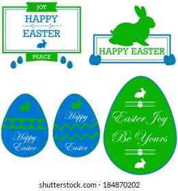 Vector cards and stickers in green and blue, showing Happy Easter messages