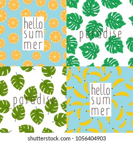 Vector cards with summer illustrations in cartoon style. Tropical leaves and fruits.