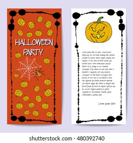Vector cards template for Halloween party. Hand drawing pumpkin, spider, web. Splatter frame. Text inscription. Set of template for poster, banner, magazine, presentation, greeting card, invitation