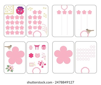Tarjetas de Vector Plantillas de las páginas de cuadernos de los niños, notas, pegatinas en estilo japonés para febrero. Símbolos del cambio de estaciones
