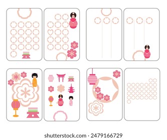Vector cards templates of children's notebook pages, notes, stickers in Japanese style for March. Symbols of the change of seasons