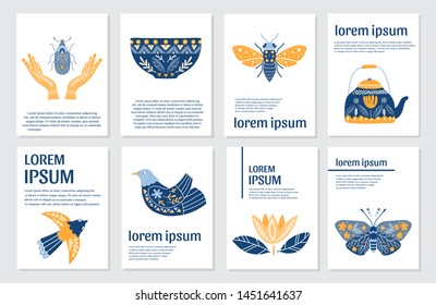 Vector cards with text with Scandinavian and Folk art elements isolated on white. Hordic and Hygge style