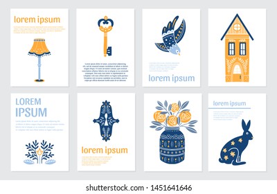 Vector cards with text with Scandinavian and Folk art elements isolated on white. Hordic and Hygge style