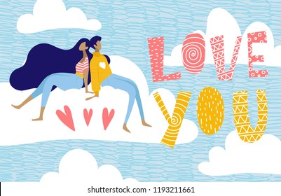 Vector cards for valentines day with characters and lettering. 