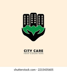 vector care city logo icon. vector graphics of green nature and hand combination building, simple elegant flat style.