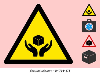 Vector care handle flat warning sign. Triangle icon uses black and yellow colors. Symbol style is a flat care handle hazard sign on a pink background. Icons designed for notice signals, road signs,