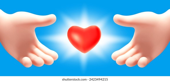 Vector care illustration of gesture hand hold shine red heart on blue color background. 3d style design of man white skin hand give heart for romantic web, site, health banner, poster