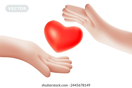 Vector care illustration of gesture hand hold red heart on white color background. 3d style design of man white skin hand take care of heart for romantic web, site, health banner, poster