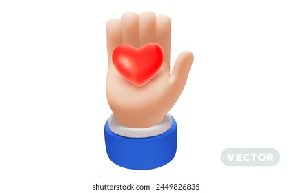 Vector care illustration of gesture hand in sleeve hold red heart on white color background. 3d style design of man white skin hand take care of heart for romantic web, site, health banner, poster