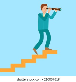 Vector career concept in flat style - cartoon man climbing the staircase to success and progress