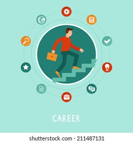 Vector career concept in flat style - cartoon man climbing the staircase to success and progress