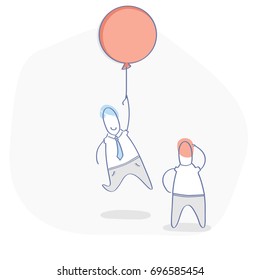 Vector Career development concept, moving up the career ladder metaphor. Cute cartoon business man holding air balloon on raised hand while flying up. Flat line illustration concept, web element.