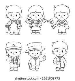 Vector of careers character outline set for coloring book (carpenter, student, painter, soldier, magician, lawyer)