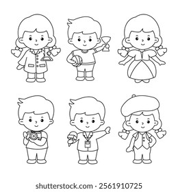 Vector of careers character outline set for coloring book ( scientist, athlete, actress, photographer, journalist, fashion stylist)