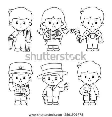 Vector of careers character outline set for coloring book (carpenter, student, painter, soldier, magician, lawyer)