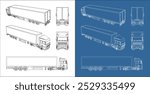 vector cargo container technical line drawing blueprint . View from side, front, back.