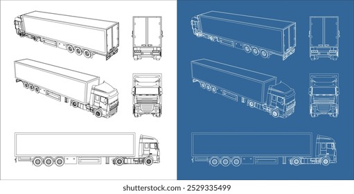 plano de desenho técnico da linha do contentor de carga vetorial . Vista de lado, frente, trás.