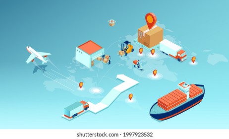 Vector of a cargo delivery, logistics transportation and worldwide shipping concept