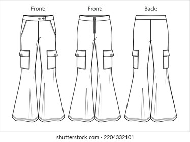 Vector Cargo Pants For Girls Fashion CAD, Sketch Template, Basic Woman Flared Trousers Technical Drawing, Trendy Leggings Flat, Mock Up. Jersey Or Woven Fabric Pants, From And Back View, White Color