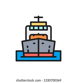 Vector cargo ship, boat, oil transportation, steamer, cruise flat color line icon.