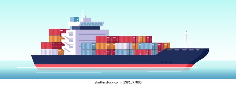 Vector of cargo ship container in the ocean. Transportation, shipping freight concept