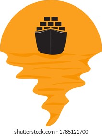 Vector of cargo ship container on sea and sunset in background. Freight transportation company silhouette logo illustration design